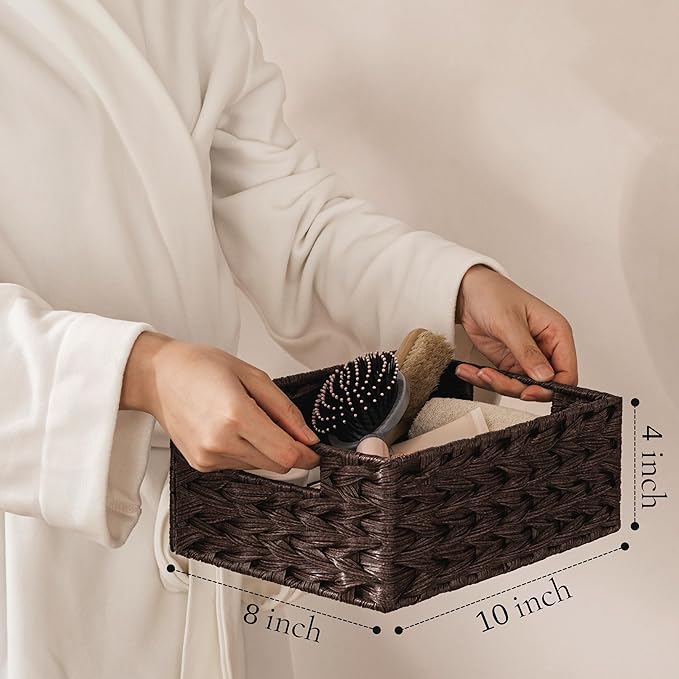 Storage Baskets with Label — Wicker Pantry Baskets for Shelves, Waterproof Woven Basket for Organizing, 2-Pack Plastic Rectangle Organizers with Handles, Dark Brown (10L×8H×4W)