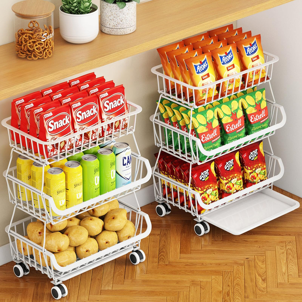 3-Tier Rolling Pantry Cart with Wheels, Stackable Wire - Image 1