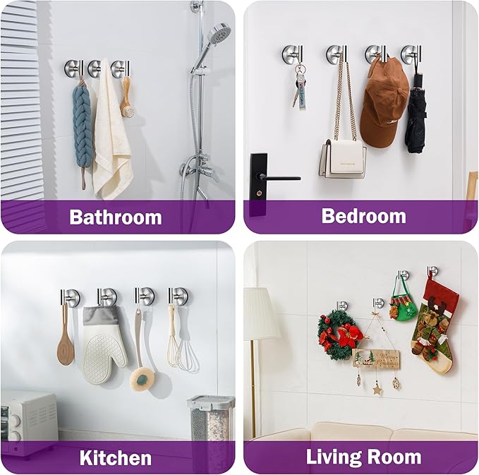 JOMOLA Suction Cup Hooks for Shower Wall Stainless Steel Vacuum Hook Heavy Duty Bathroom Suction Towel Holder Coat Hooks Wall Hanger for Door Glass Kitchen Brushed Silver 4Pcs