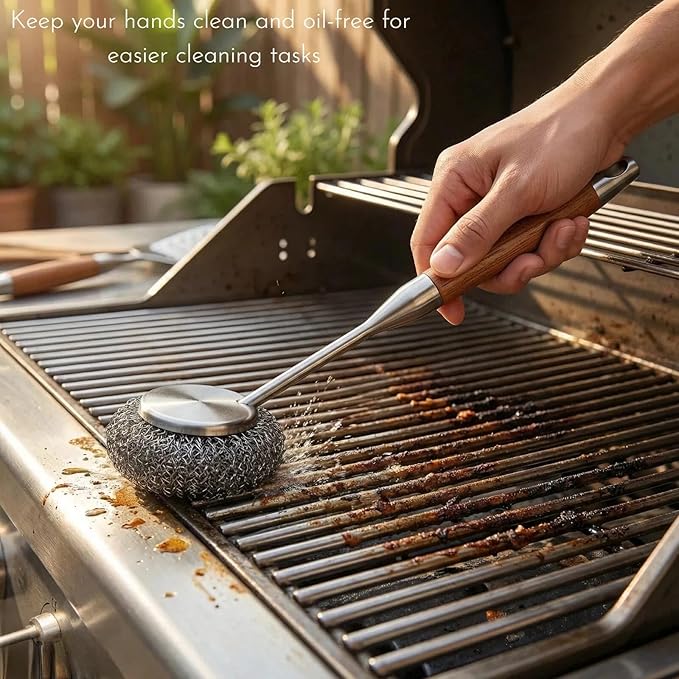 2-Pack Stainless Steel Scrubber Set with 2 Pcs Pads, Steel Wool & Steel Ball Cleaning Brush with Replaceable Heads, Heavy Duty Steel Cleaner for Oven, Stove, Dishes & Grill