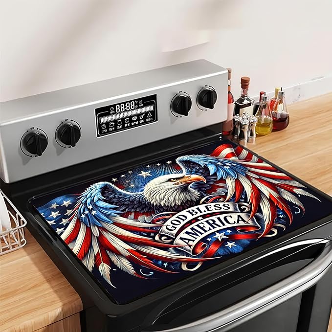 Stove Top Cover 28x20 Inch Diatomite Kitchen Mat God Bless America Eagle Design Counter Protector Heat Resistant Drying Pad for Electric Glass Cooktop Patriotic Kitchen Decor