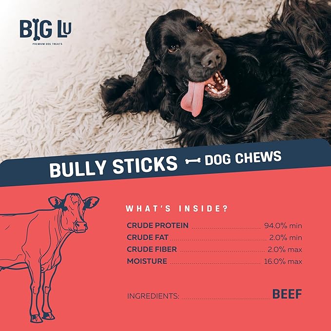Big Lu - 6” Jumbo Bully Sticks, 10 Count- Thick, Long-Lasting, Grass-Fed Beef Chews for Medium & Large Dogs, Natural Single-Ingredient, Fully Digestible Treats