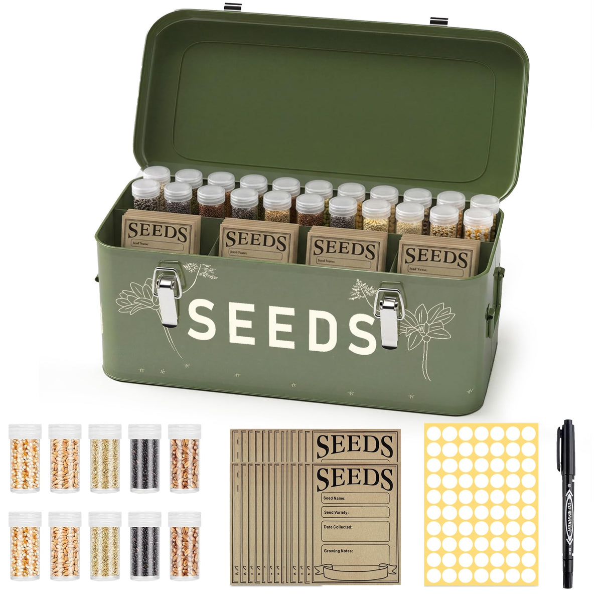 Metal Seed Storage Organizer Box with 30 Bottles, 4-Compartment - Image 1