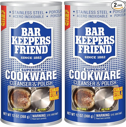 Bar Keepers Friend Cookware Cleanser & Polish (2 x 12 oz) Stainless Steel Cleaner & Degreaser for Pots, Pans, Bakeware & Grills - Removes Sticky Residue, Rust Stains & Lime Deposits