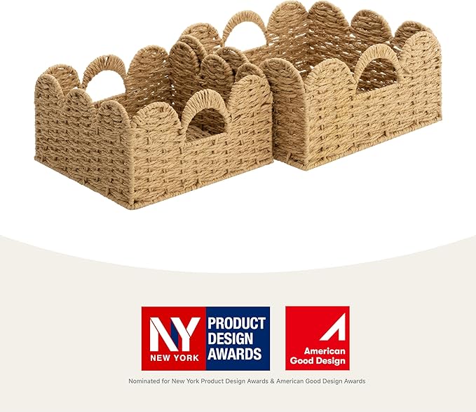 StorageWorks Scalloped Wicker Basket, Woven Baskets for Storage, Rattan Baskets with Handles, Paper Rope Basket for Organizing and Decor, 2 Pack