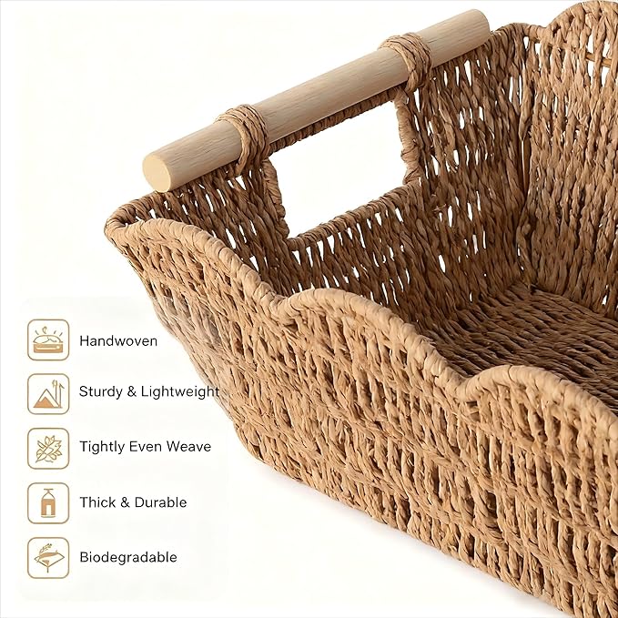 Scalloped Basket with Wooden Handle, Water Hyacinth/Seagrass/Wicker Storage Baskets, Hand Woven Baskets for Shelves,Natural Baskets for Organizing