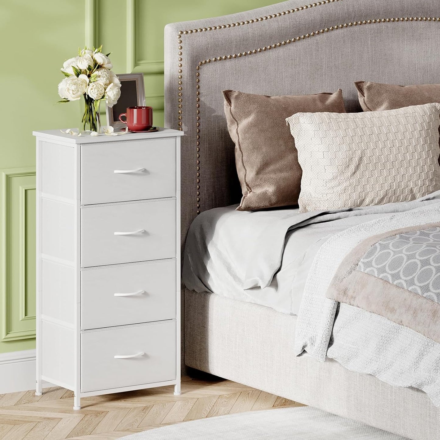 Somdot Dresser for Bedroom, 4 Drawer Storage Cabinet, White | Tall Nightstand Fabric Dresser with Removable Bins, Steel Frame and MDF Wood Top, Closet, Nursery, Dorm or Entryway Storage