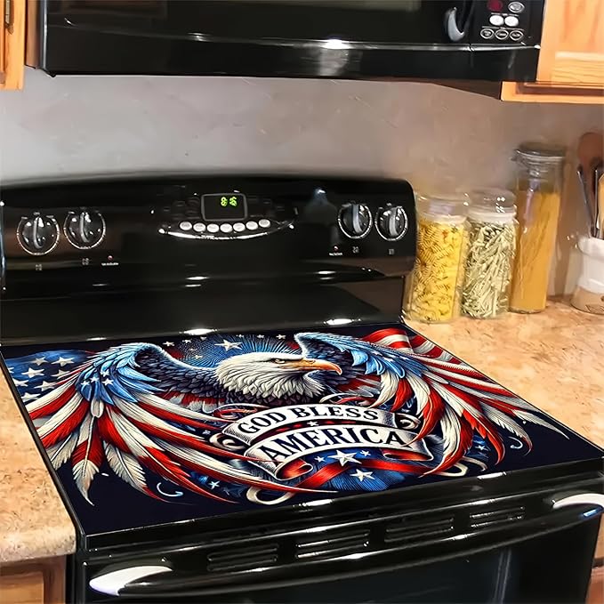 Stove Top Cover 28x20 Inch Diatomite Kitchen Mat God Bless America Eagle Design Counter Protector Heat Resistant Drying Pad for Electric Glass Cooktop Patriotic Kitchen Decor