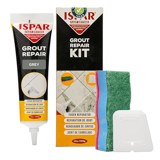 Tile Grout, Repair Kit – Gray Grout Filler 14oz Pre-Mixed Tube, Fast Drying Grout Paint for Bathroom, Shower, Kitchen, Floor Tiles – Includes Spatula & Sponge