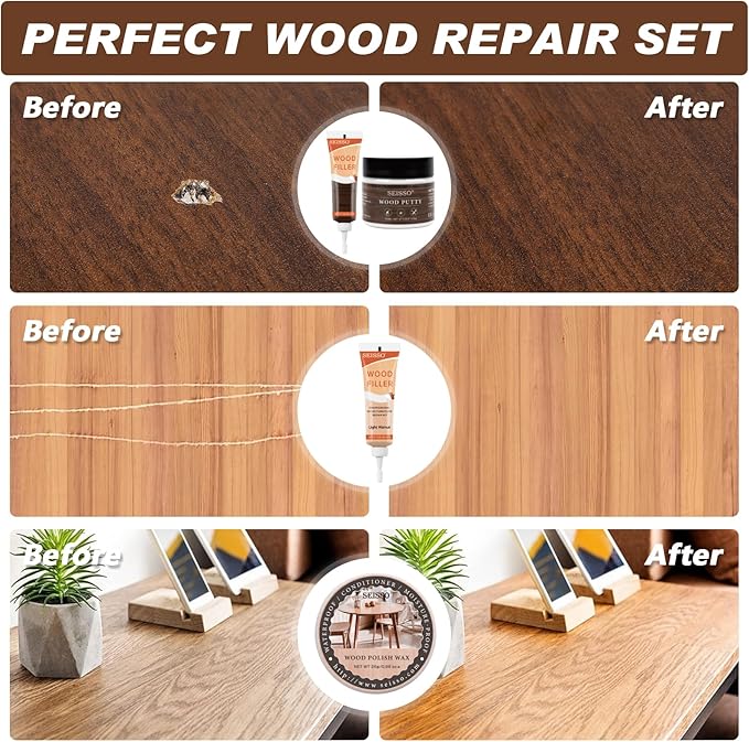 Wood Furniture Repair Kit, 6 Colors Wood Filler Hardwood Laminate Vinyl Floor Repair Kit, with Wood Putty, Wood Polish Wax for Hole, Scratch, Crack, Stain (Walnut Wood 15Pcs)