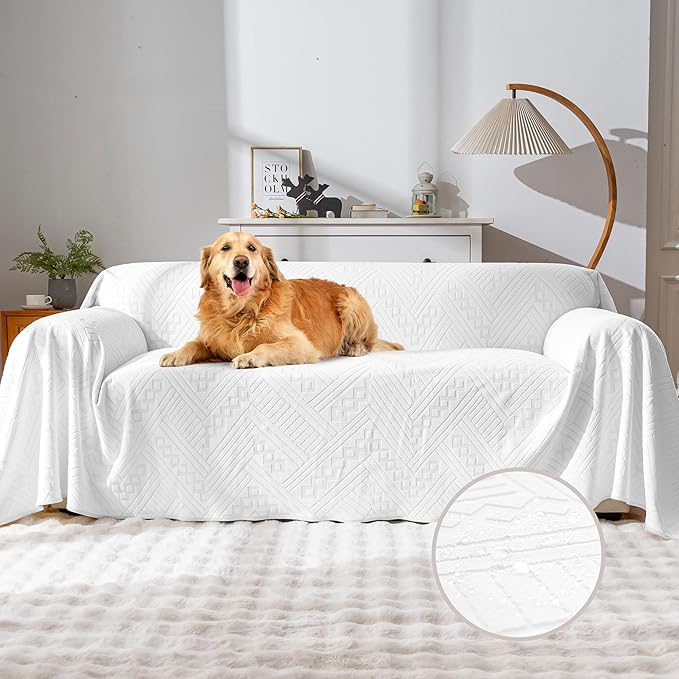 Waterproof Couch Cover, Reversible, Pet-Friendly, Washable and Anti-Slip Sofa Covers for Sofa Protection with 2 Cushions, Ideal Sofa Slipcovers for Dogs and Cats (71×102in/White)