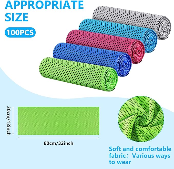Shellwei 100 Pack Cooling Towels,40"x12" Ice Breathable Soft Chilly Sweat Rag Microfiber Workout Rags for Gym Cooling Towels for Neck and Face for Yoga Golf Sport Running (5 Colors)