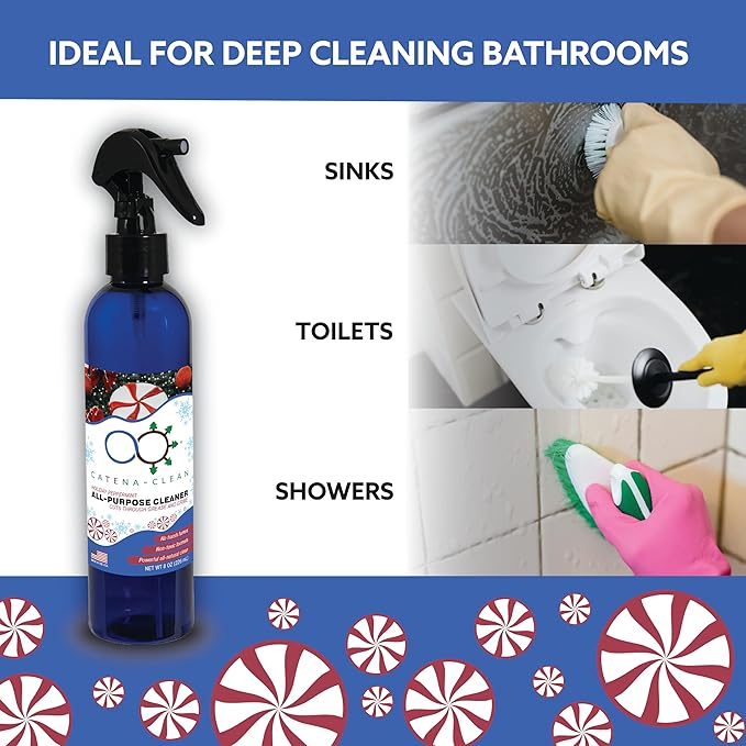 All Natural Holiday Peppermint Bathroom Spray Cleaner (Pack of 1) – Refreshing, Long Lasting, All Purpose Surface Cleaner for Toilet, Shower, Tub, Tile & Sink – Descaler & Soap Scum Remover, 8 fl. oz
