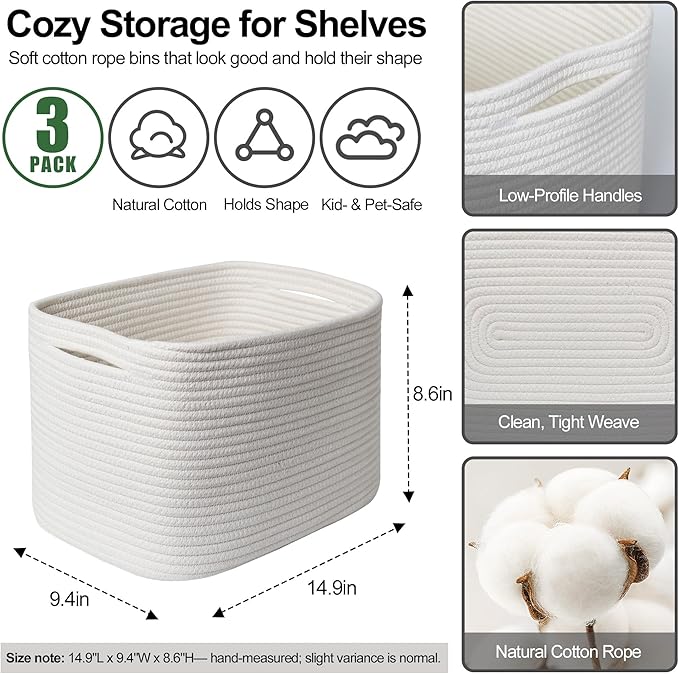 White Baskets for Organizing, 3 Pack Woven Cotton Rope Storage Baskets for Shelves, Decorative Closet Bin, Cute Fabric Storage Bins for Bathroom, Toys, Towels, Clothes, Shoes Organization