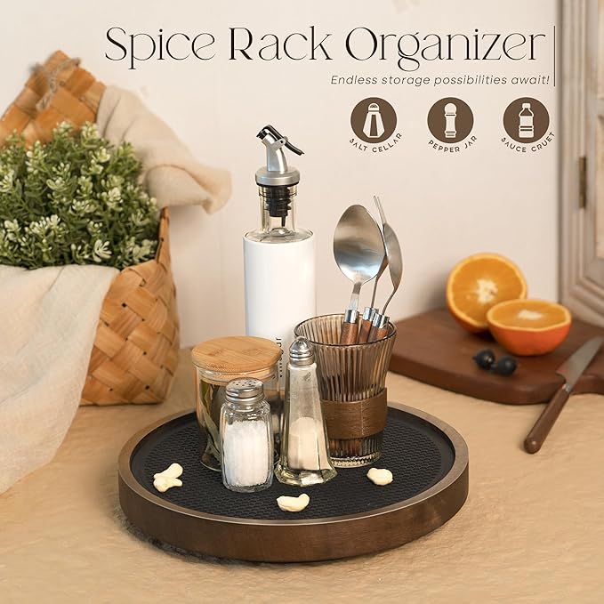 EOSAHR Non-Skid Wooden Lazy Susan for Table Top – Farmhouse 10.5" Bathroom Tray, Spice Rack and Vanity Tray - Stylish Bathroom Counter Organizer with Rubber Mat (Brown)