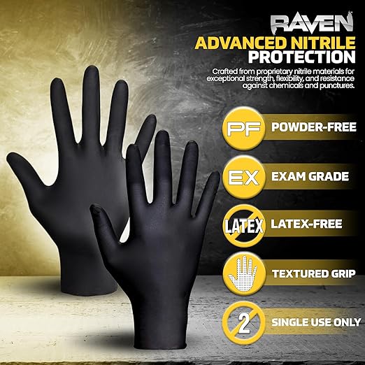 SAS Raven Powder Free Nitrile Disposable Gloves - 10 Boxes / 100 Ea. | 1000 Gloves Total |7 Mil - Sm | Latex Free, Chemical + Puncture Resistant, Textured Grip, Single Use | 66516, Black, Small