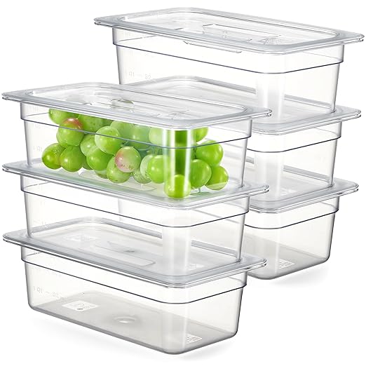 CURTA 6-Pack 1/3 Size 4" Deep NSF Polycarbonate Food Pans with Handled Lids & Drain Trays | Dishwasher & Freezer Safe Clear Container for Prep Tables, Buffet, Salad Bar, Commercial Kitchen