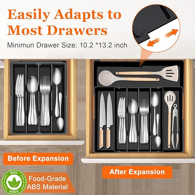 Large Kitchen Silverware Organizer - Expandable 17.2" x 17.9" Adjustable Drawer Tray, 4-7 Compartments for Maximum Storage, BPA-Free, Black,L