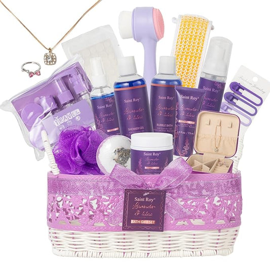 22 Pcs Lavender Bath and Body Gift Basket, Spa Gifts for Women Bath and Body Lavender Gift Set, Spa Kit Relaxing Bath Sets, Self-Care Set, Necklace, Birthday, Christmas, Mother Day, Anniversary