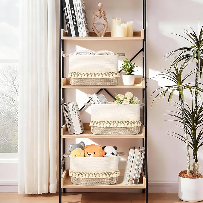 2 Pack Storage Basket for Shelves, Boho Cotton Rope Storage Bins with Heavy Tassel, Shelf Baskets Large Woven Baskets for Organizing, Cube Organizer Bins, Baby Laundry Basket for Clothes, Toys, Pets