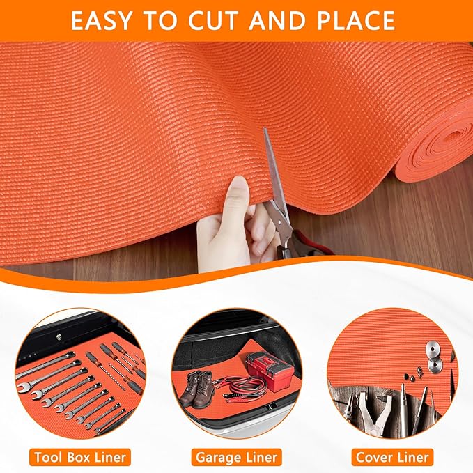 Foam Toolbox Liner Drawer Mat 1/8 Inch Thick X 16 Inch Wide X 6 Ft Long Orange, No Slip for Protecting Cabinet, Garage, Cart, Tool Box