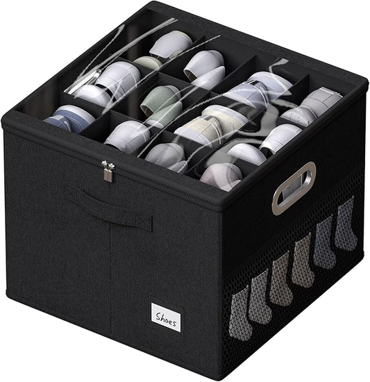 FHSQX Shoe Organizer for Closet,Fits 12 Pair,Shoe Storage Bins with Clear Cover & Adjustable Dividers for Shoes,Shoe Box Storage for Handbags,Blankets,Linen,Clothing (Black, (16.5 * 16.5 * 13) x1)