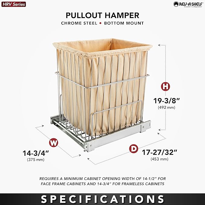 Rev-A-Shelf Pullout 20 Inch Deep Cabinet Floor Steel Mounted Clothes Laundry Hamper with Full Extension Slides, Chrome, HRV-1520 S CR - Hidden Storage Basket Organizer for Laundry Room and Bathroom