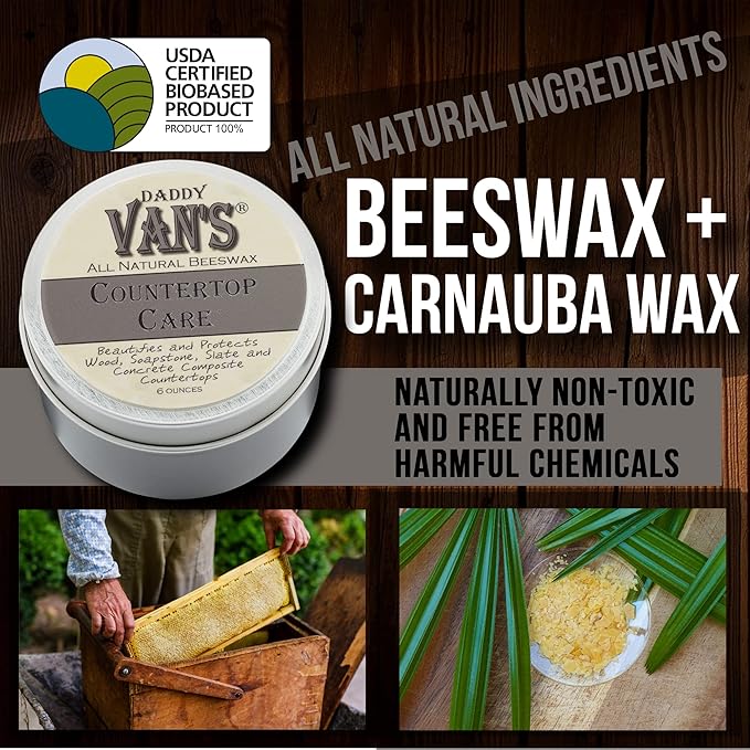 Daddy Van's® All Natural Beeswax Countertop Care for Soapstone, Slate, Concrete Composite and Butcher Block Counter Tops - Food Safe, Chemical-Free and Non-Toxic - 6 Oz. Tin