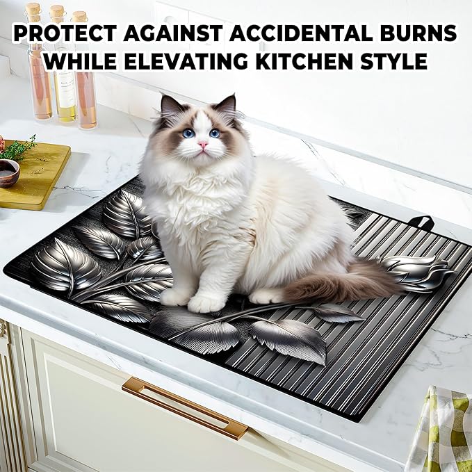 Silver Rose Stove Top Cover Retro Flower Gas Stove Top Cover for Home Decoration Kitchen Pad Non-Stick Washable Cooktop Covers Countertop Protector Keep Stove Clean 28"x20"