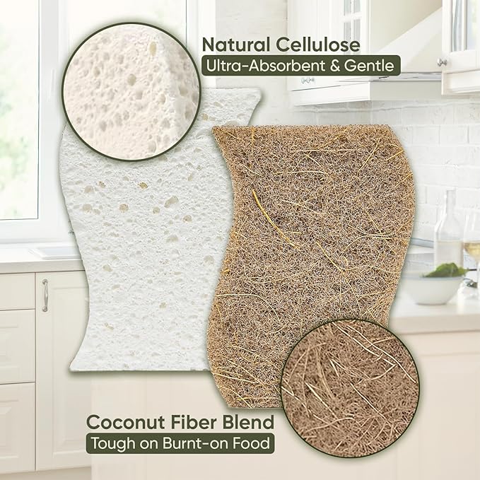 Plant-Based Kitchen Sponges (24 Pack) | FSC-Certified & PETA Approved | Natural Cellulose & Coconut Blend Scrubber Dish Sponges for Kitchen | S-Shaped Design | Eco-Friendly, Non-Scratch & Non-Toxic