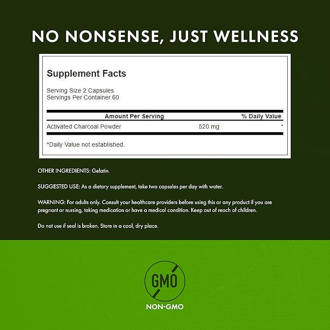 Swanson Activated Charcoal - Digestive Health Supplement - Aids Occasional Gas & Bloating - Offers Detoxification & Bowel Support - Helps Calm Stomach* - Non-GMO - 120 Capsules