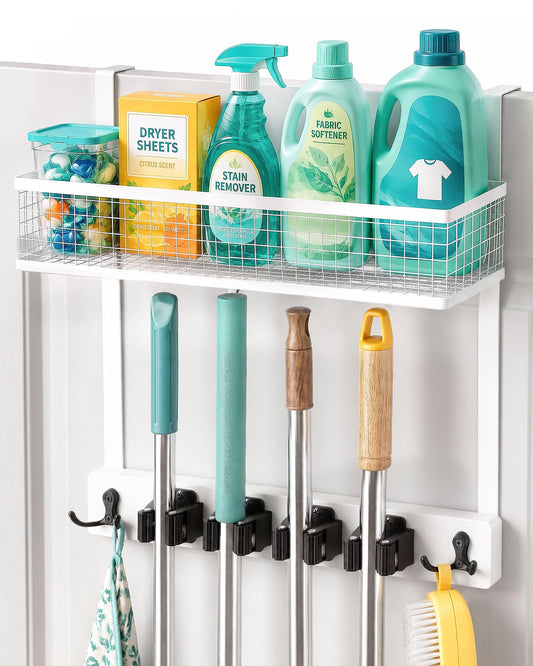 Over the Door Broom Holder with Basket, Wooden Mop & Broom - Image 1
