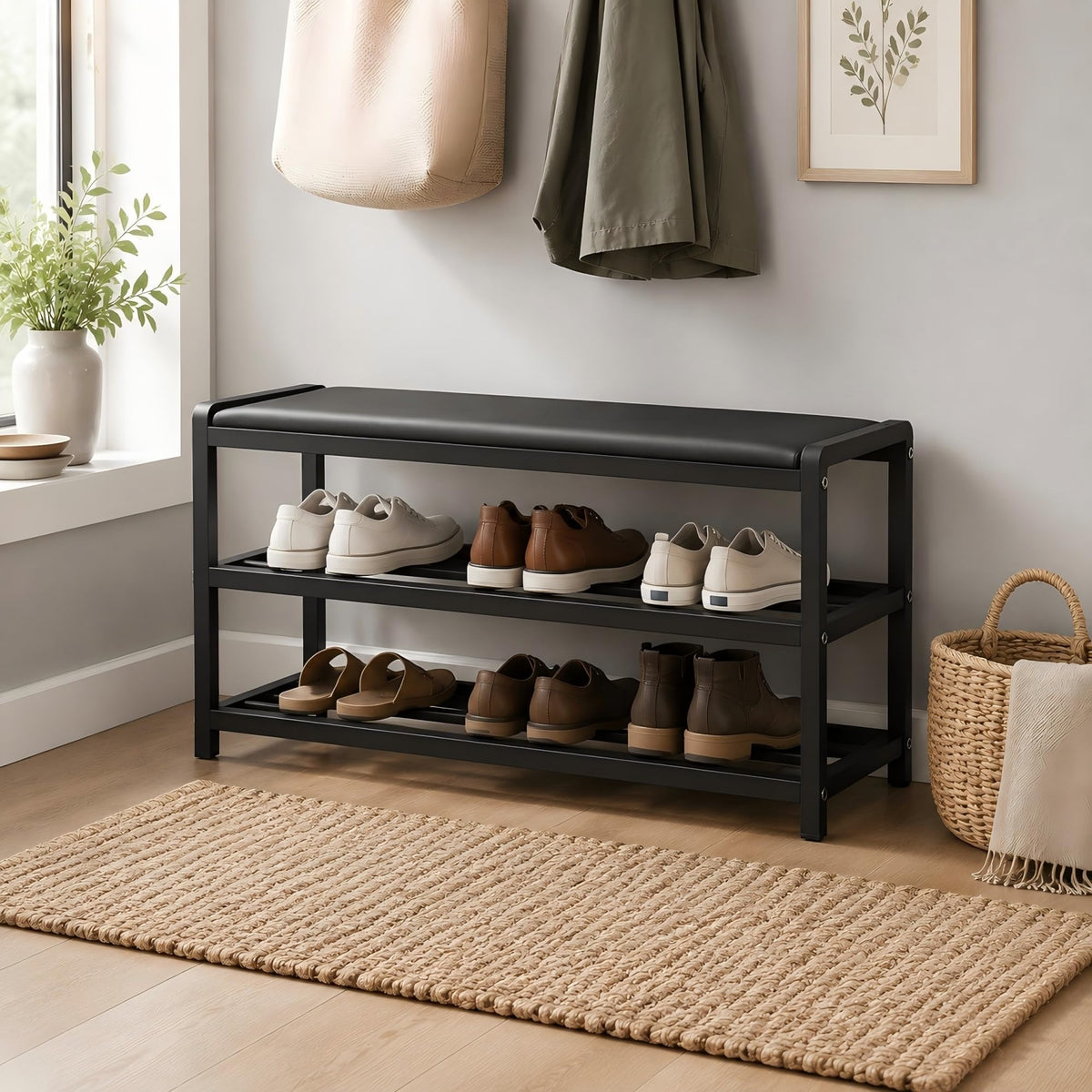 Stainless‑Steel Padded Shoe Rack Bench, Entryway Storage - Image 1