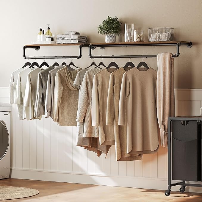 Pipe Clothes Rack, 31.5 in Wall Mounted Garment Rack with Top Shelf, Industrial Clothing Rack with Hanging Rod, Heavy Duty Detachable, Space Saver Hanging Clothes Rack, Rustic Brown FS08BRY1