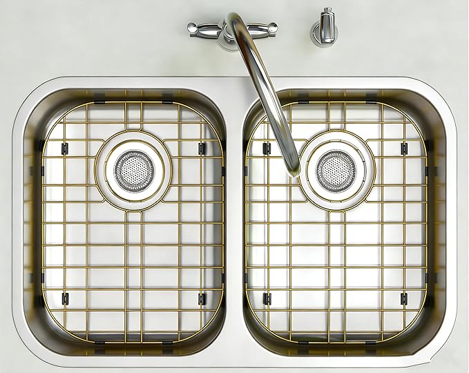 SANNO Gold Sink Protector Grid for Kitchen Sink, 14.57" L X 11.22" W Bottom Grid with Rear Drain Hole, Single Bowl Sink Rack, Stainless Steel 1 Pack