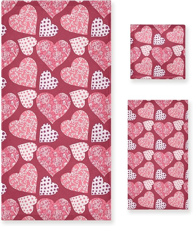 Pfrewn Pink Plaid Hearts Towels Set of 3 Romantic Love Dot Spring Bathroom Towel Soft Absorbent Bath Hand Towels Washcloth Guest Towel Sets Mother's ValentineDecorations