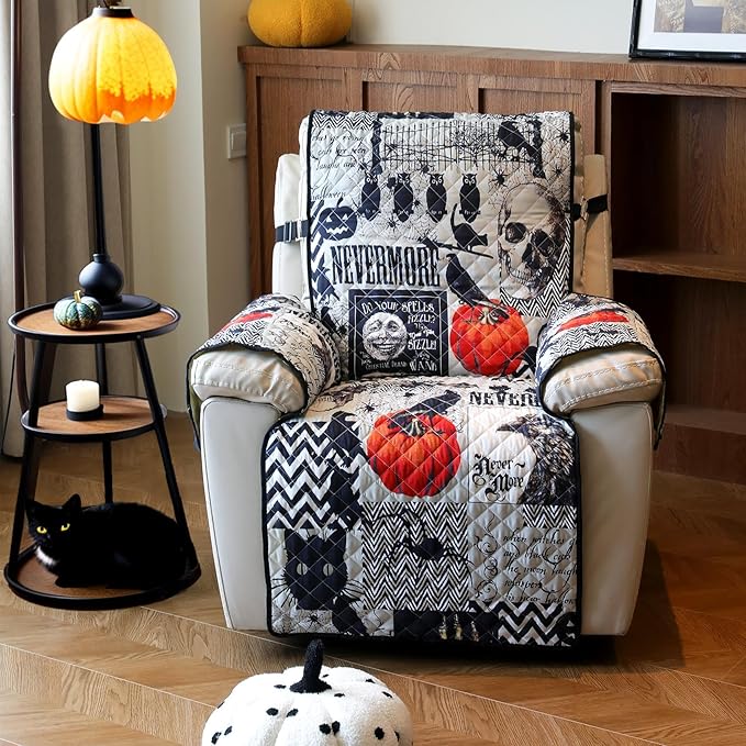 Cmfshape Halloween Skidproof Sofa Cover-Festival Sofa Slipcover with Elastic Straps-Easy Fit Slip Cover-Patchwork Washable Furniture Protector for Pets and Kids(Recliner,Black)