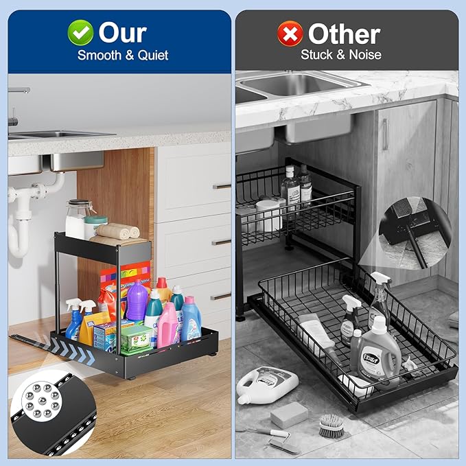 Insputer 2 Pack Under Sink Organizer with 2 Pack Pull Out Cabinet Organizer Expandable Width(12.2"-20.47") & 21" Deep