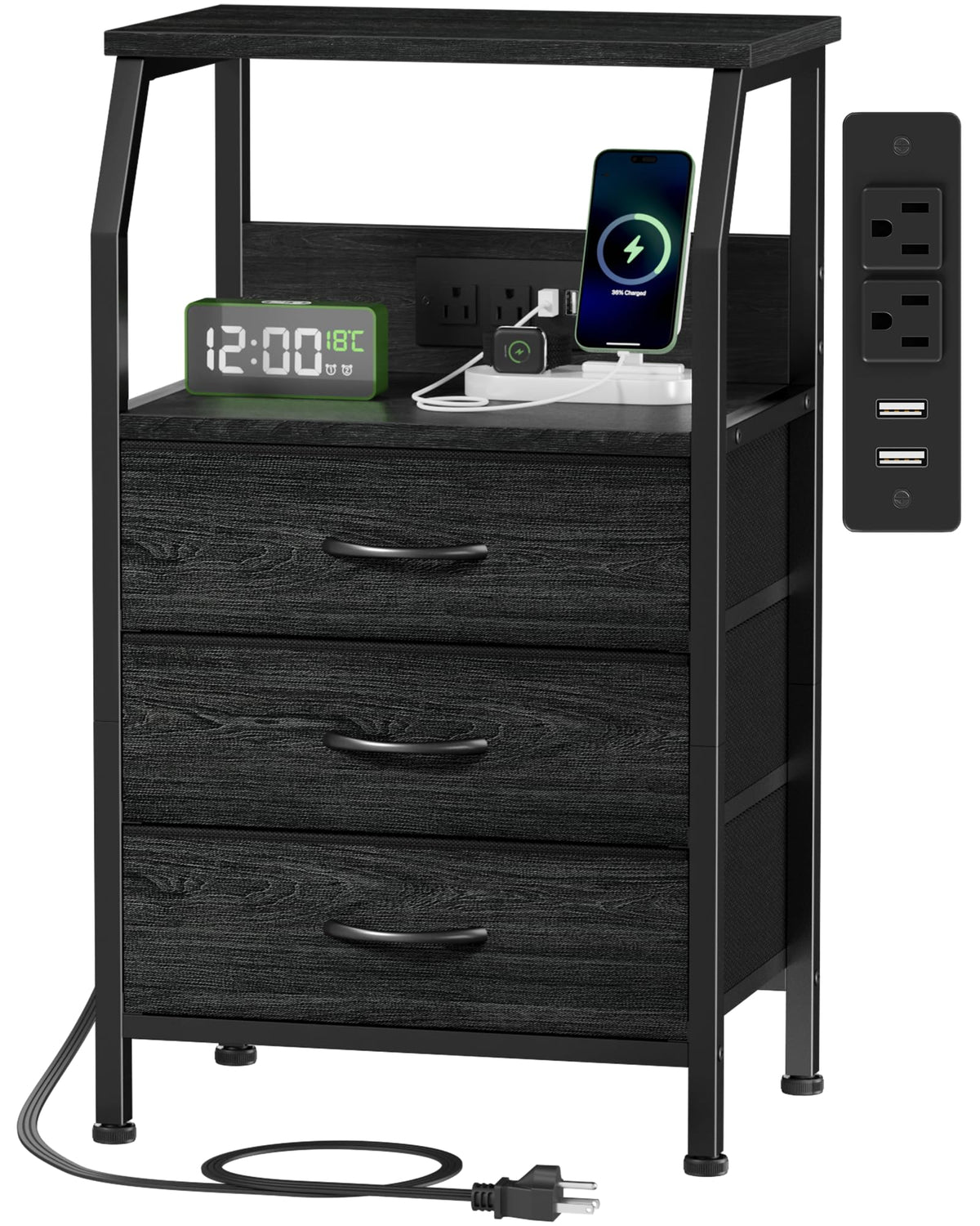 Furnulem Night Stand with Charging Station, 3 Drawers Bedside - Image 1