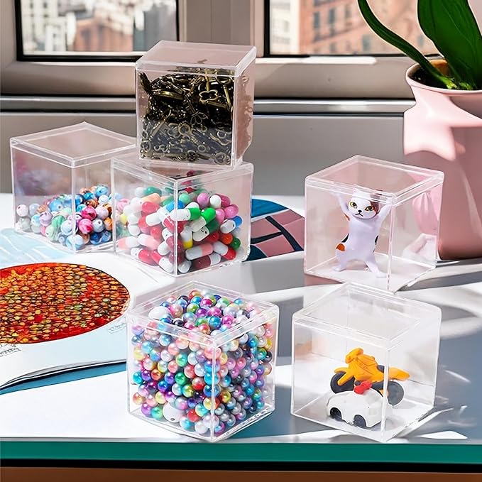 Acrylic Box 2 Packs Clear Square Cube Acrylic Display Boxes Multi-Purpose Storage Box Container Acrylic Decorative Boxes with Lids for Birthday Valentine's Day Party Favor Candy Pill and Tiny Jewelry