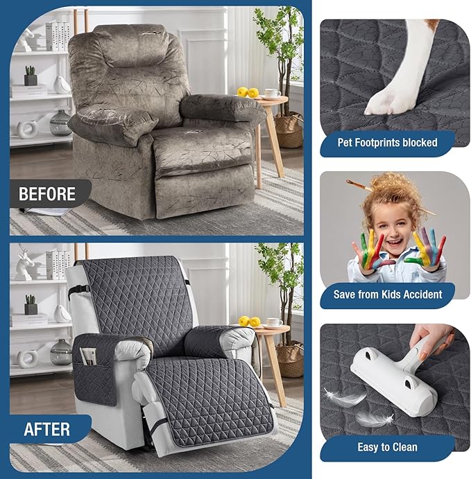 TAOCOCO 100% Waterproof Recliner Cover - Recliner Cover with Non-Slip Granule, Recliner Chair Covers with Elastic Band, Recliner Chair Covers for Reclining Chair(Black Grey,Medium-25'')