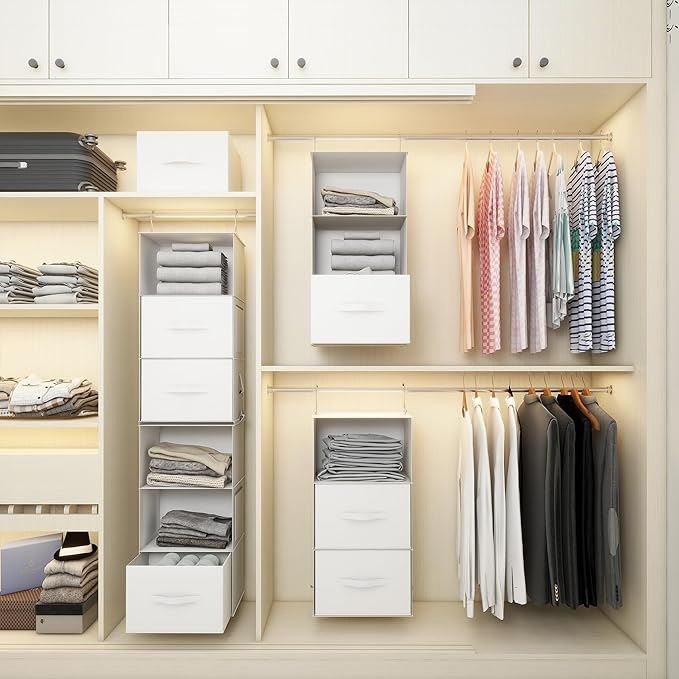Twira 6-Shelf Hanging Closet Organizer, 2 Separable 3-Shelf Hanging Shelves, Hanging Storage with 3 Removable Drawers 4 Side Pockets, Storage Organizer for Closet, Nursery (White)