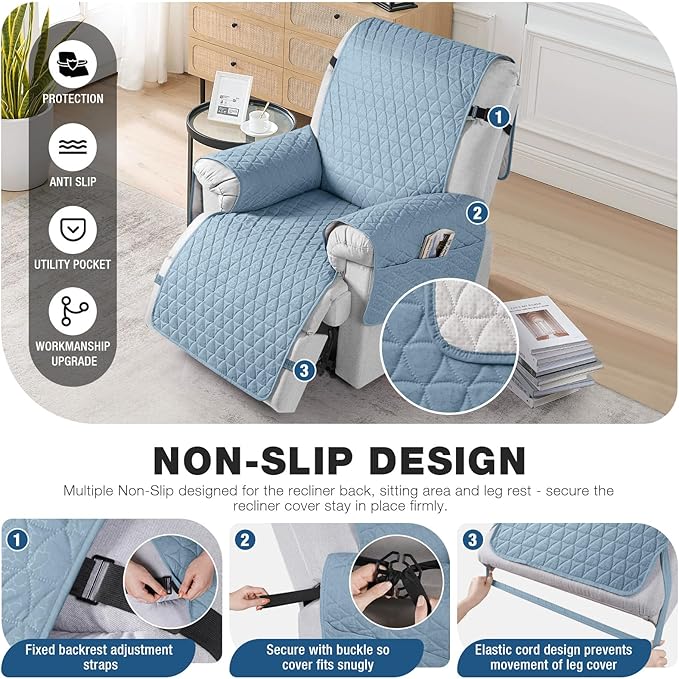 TAOCOCO 100% Waterproof Recliner Cover - Recliner Cover with Non-Slip Granule, Recliner Chair Covers with Elastic Band, Recliner Chair Covers for Reclining Chair(Light Blue,Medium-25'')