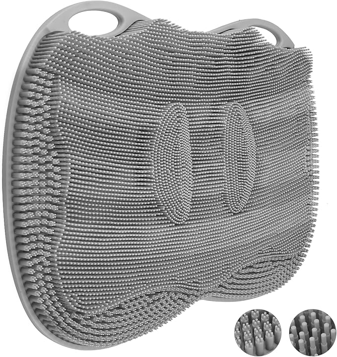 Shower Foot Scrubber Mat XL, Silicone Feet Toes Massage Cleaner -Upgraded Long Brush Pad Without Bending Non-Slip Suction Cups for Foot Bath Bathtub Exfoliate Smooth Skin 17.4x13 Grey