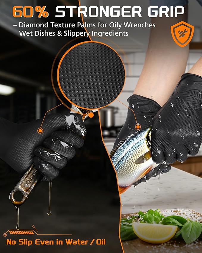 nitroshield 9mil Heavy Duty Disposable Nitrile Gloves, Black Large 800Pcs -Chemical Resistant, Latex & Powder Free Rubber Gloves Diamond Texture for Automotive, Mechanics, Cooking,BBQ, Industrial Use