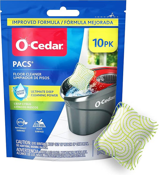 O-Cedar PACS Hard Floor Cleaner, Crisp Citrus Scent 10 Count (1-Pack) | Made with Naturally-Derived Ingredients | Safe to Use on All Hard Floors | Perfect for Mop Buckets