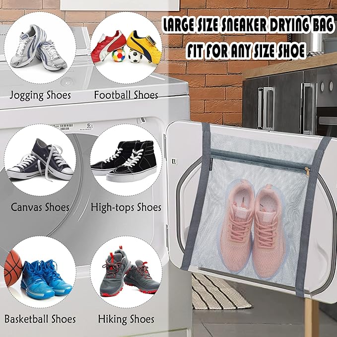 Shoe Drying Bag, Sneaker Bags for Dryer, Bag for Drying Shoes, Reusable Shoe Dryer Mesh Bags, Honeycomb Net Laundry Bags with Zipper & Strap for Washing Machine, Shoes, Clothing, 15.7x13.8 Inch, Grey