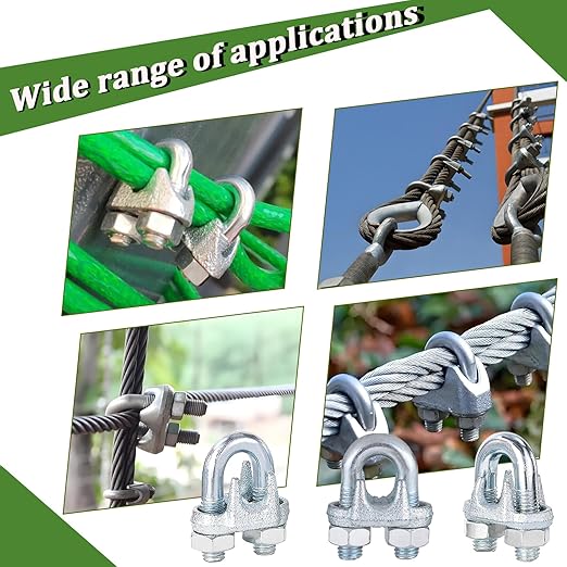 100PCS 3/8" M10 Zinc-Plated Wire Rope Clamps – Heavy Duty U-Bolt Cable Clips (Silver)