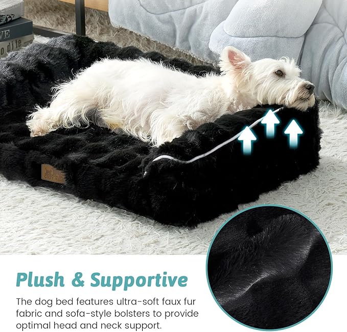 Faux Fur Orthopedic Dog Bed, Dog Bed for Large Size, Supportive Foam Pet Sofa with Waterproof Lining Cover, Washable U-Shaped Pet Couch with Anti-Slip Bottom, Black L 36x27x6.5 inch