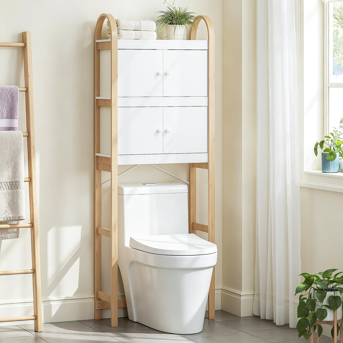 UTEX Over the Toilet Storage Cabinet with Doors, Arched Bamboo - Image 1